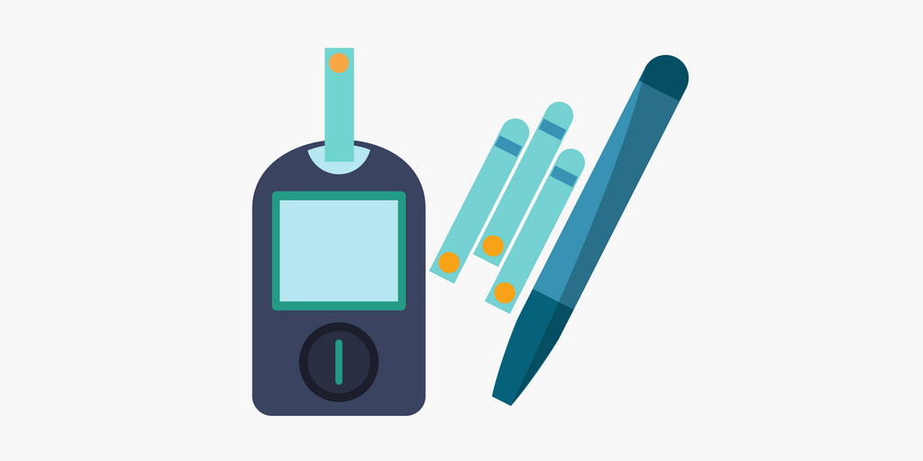 Illustration of a glucose meter, test strips, and a lancing device.