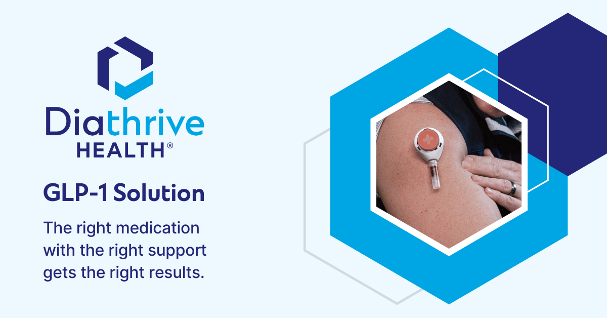 Text reads: Diathrive Health GLP-1 Solution: The right medication with the right support gets the right results