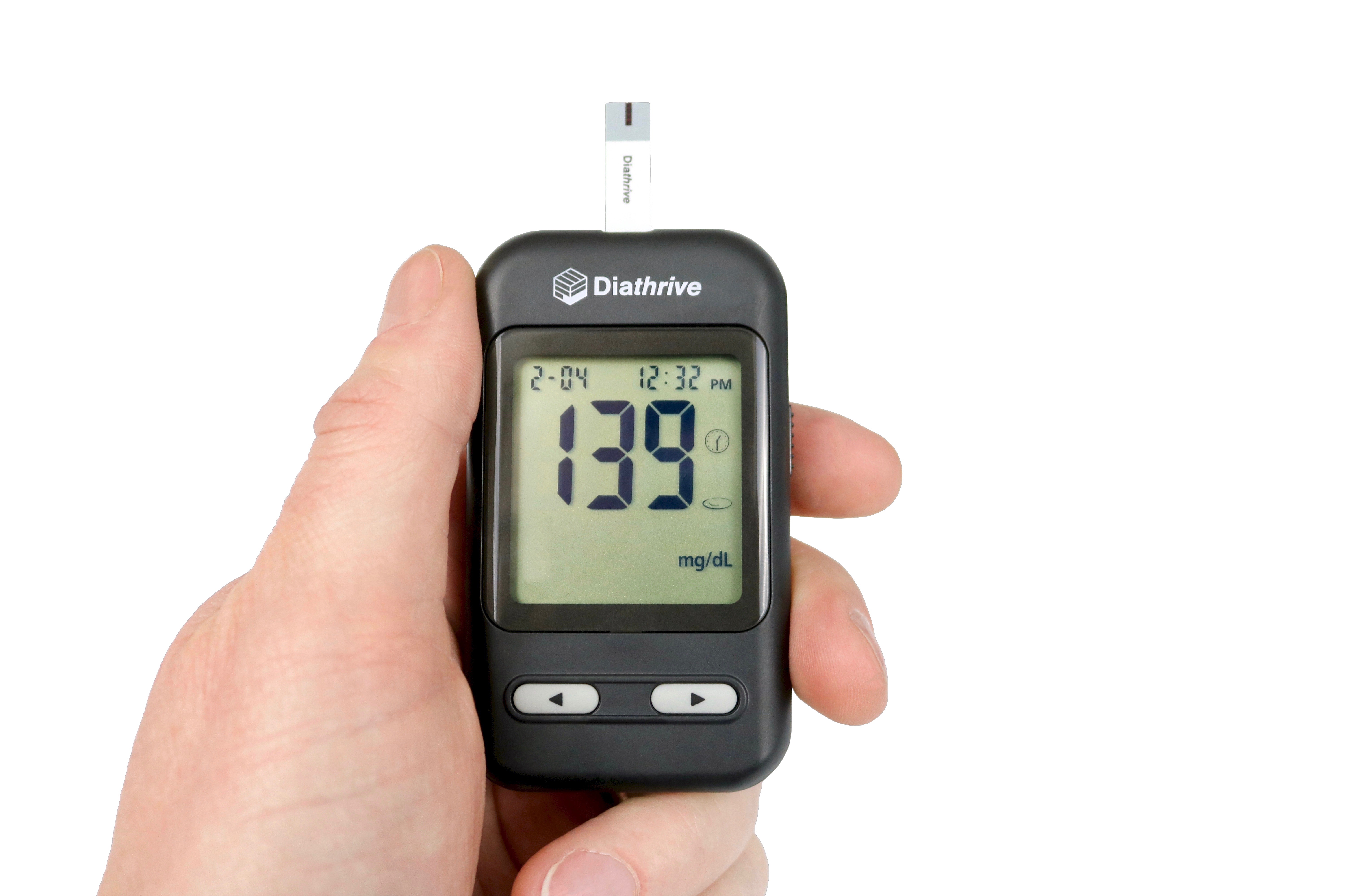 Hand holding a Diathrive blood glucose meter