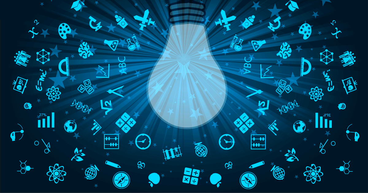 Illustration of light bulb and icons representing learning information