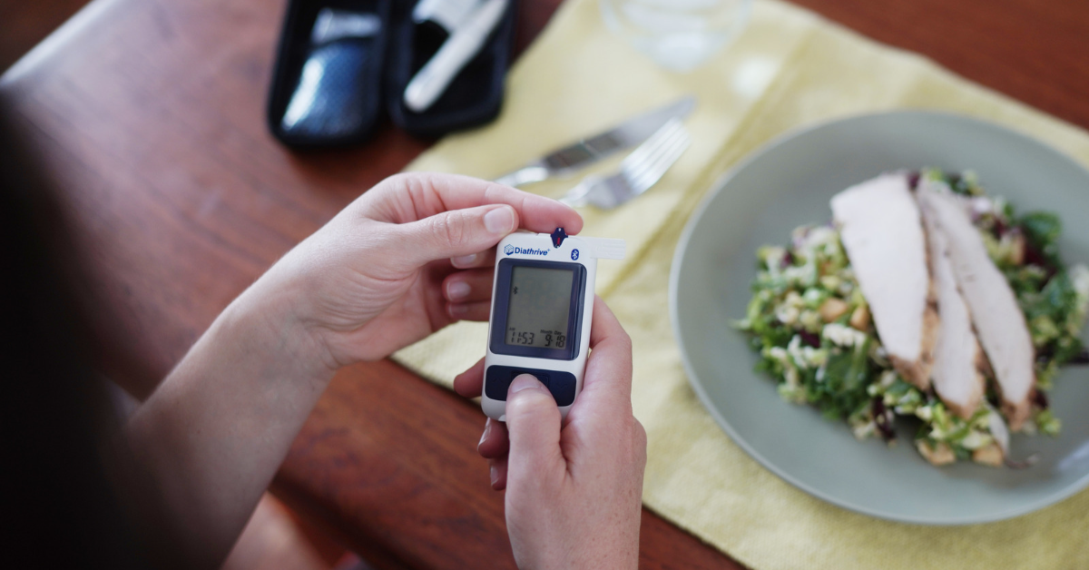 Using a Diathrive Plus glucose meter at the dinner table