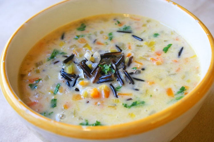 chicken and wild rice soup in a bowl